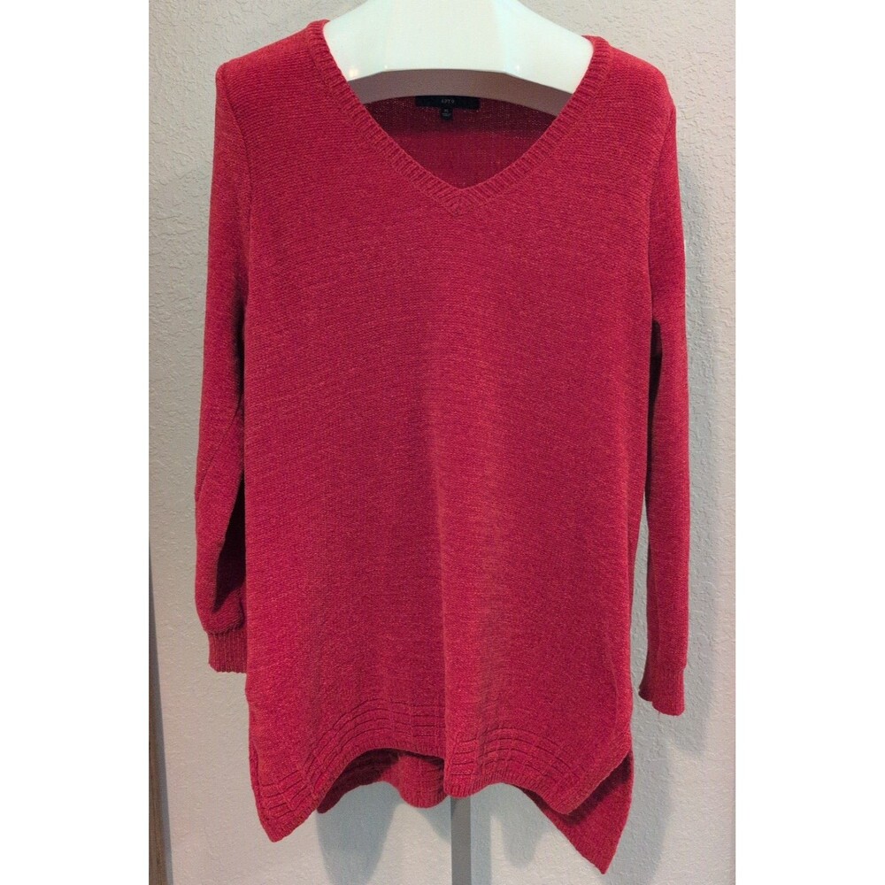 Apt. 9 Womens Long Tunic Sweater Top Red V-Neck Knit Chenille XL Long Sleeve